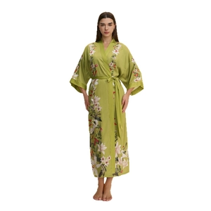 Elegant sage green long satin robe with white lily floral print and matching waist belt