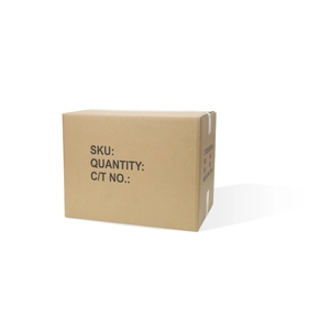 Macro view of cardboard shipping box showing logistics labels and SKU parameters