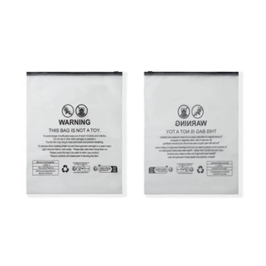 Frosted LDPE plastic storage bag with zipper closure and safety warning print