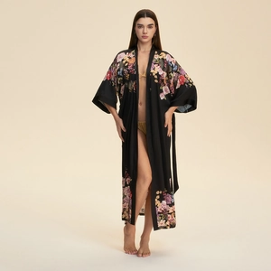 Peignoir Kimono en Satin à Imprimé Floral pour Femme Manches Longues Col en V Vêtements de Nuit avec Ceinture