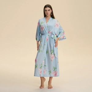 Women Luxurious Satin Floral Robe Long Sleeve V Neck Kimono Nightgown Loungewear Bathrobe With Belt Floral Print
