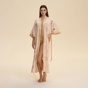 Women's Elegant Satin Floral Print Long Robe V-Neck Kimono Sleepwear With Belt Luxurious Nightgown For Daily Home Comfort