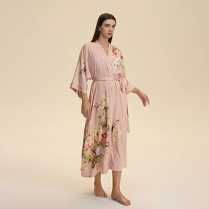 Pink floral satin long sleeve robe for women with elegant botanical prints and belted waist