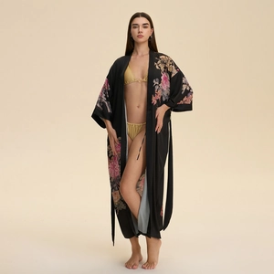 Luxueuse Robe de Chambre Kimono en Satin pour Femmes Longue Nuisette Imprimé Floral Avec Ceinture Col en V Vêtements de Nuit Maison