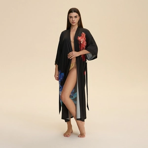Women Luxurious Satin Kimono Robe Long Floral Print Nightgown Bathrobe With Sash V-Neck Loungewear Sleepwear Bridal Morning Robe