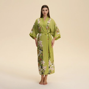 Women's Satin Floral Robe Kimono Long Sleeve Sleepwear V-Neck Bathrobe With Belt For Wedding Party Home Loungewear
