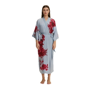 Elegant light blue long satin floral bathrobe with wide sleeves and waist tie
