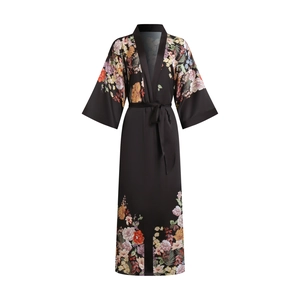 Women's black satin long sleeve floral kimono robe with colorful flower prints