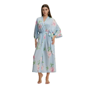 Elegant light blue satin long robe with pink floral prints and adjustable waist tie