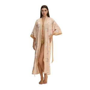 Pink satin floral bathrobe with long sleeves and belted waist for women's sleepwear