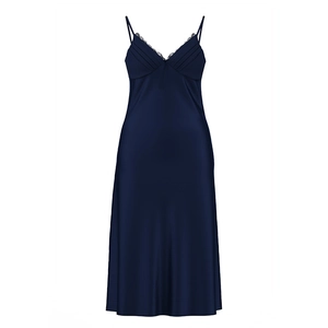 Nuisette élégante en satin bleu marine avec col en V en dentelle et détails plissés