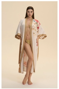 Peignoir kimono long à imprimé floral avec bordure satinée et tissu mousseline élégant