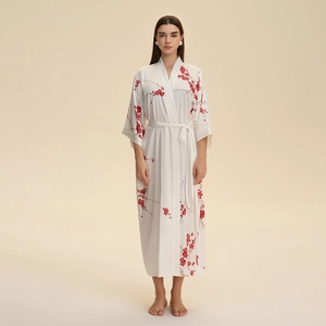 Women's Luxurious Satin Kimono Robe Long Floral Print Sleepwear Nightgown Belted V-Neck Bathrobe For Home Spa Loungewear