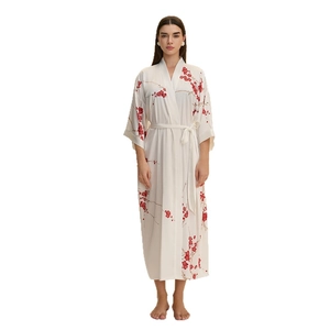 Women's long satin robe with red plum blossom floral print and white silky fabric