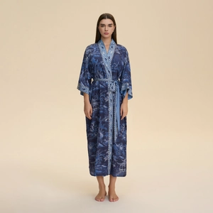 Peignoir Kimono en Satin pour Femmes Manches Longues Imprimé Floral Cachemire Col en V Robe de Chambre Avec Ceinture Décontracté