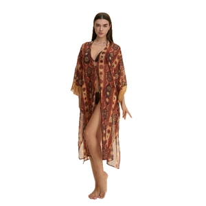 Women bohemian print chiffon beach cover up with tassel sleeves and vintage sun patterns