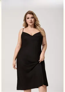 Detail of plus size black satin nightdress with cowl neck and silky smooth finish