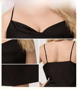 Detailed design of black satin sleepwear featuring a cowl neck and adjustable straps