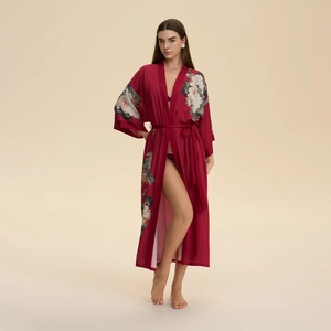 Women's Floral Print Satin Robe Long Sleeve V-Neck Luxurious Nightgown Belted Sleepwear Loungewear Bathrobe For Women