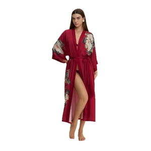 Women long red satin bathrobe with floral patterns on shoulders and elegant waist tie belt