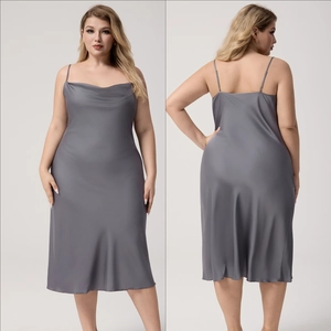 Detailed views of grey satin slip nightdress showing silky fabric and draped neckline