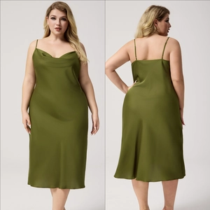 Detailed views of plus size olive green satin nightgown with cowl neck and silky finish