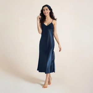 Camisón Sexy de Satén para Mujer Cuello en V Encaje Vestido de Tirantes Con Abertura Lazo Lencería de Verano Ropa de Dormir Larga