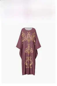 Detailed close-up of golden baroque patterns on a mauve kaftan robe for women