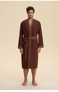 Detailed view of dark brown cotton robe with retro patterned trim and waist belt tie
