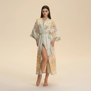 Élégant Peignoir Kimono en Satin Imprimé Floral Pour Femmes Robe de Chambre Longue Col en V Avec Ceinture Vêtements de Nuit Décontractés