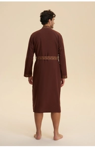 Detail of men's brown robe back view with Bohemian print on sleeves and waist belt
