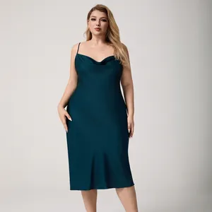 Plus size dark teal satin nightdress with cowl neck and adjustable spaghetti straps