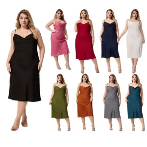 Plus size satin nightgown for women with cowl neck and spaghetti straps in nine colors