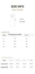 Size chart for satin lace nightgown showing bust and length measurements in centimeters