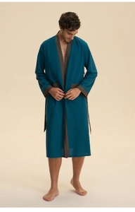 Deep blue long cotton bathrobe for men with vintage geometric print trimming on the edges