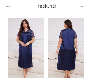 Vue avant et arrière de la chemise de nuit en satin bleu foncé avec col V et dentelle