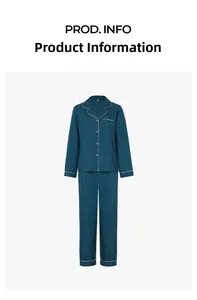 Detail of navy blue cotton loungewear set with white contrast piping and shirt collar