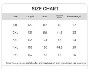 Tableau des tailles détaillé pour chemise de nuit en soie glacée grandes tailles 1XL à 5XL