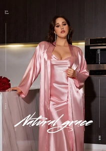 Pink satin robe and long slip dress set featuring a silky lustrous finish for loungewear