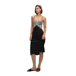 Women's black satin nightgown with white lace patchwork and delicate spaghetti straps