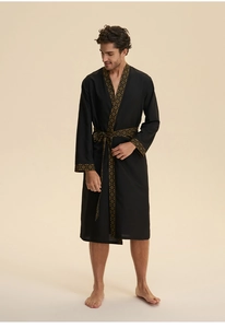 Men's black long sleeve bathrobe with golden baroque patterns on collar and cuffs