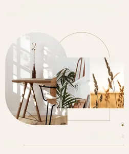 Artistic collage showing French minimalist home decor with elegant dried flowers and wooden desk