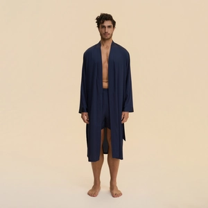 Men's navy blue satin long robe and shorts set for loungewear with a silky finish