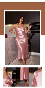 Detail of pink satin sleepwear set showing cowl neck nightgown with silky texture and shine