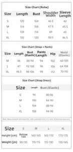 Size chart for women ice silk pajama set including robe, camisole, and pants details