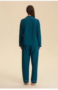 Back view of teal pajama set with white piping on collar and sleeves