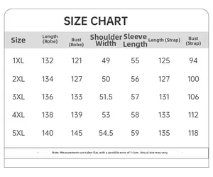 Detailed size chart for plus size satin robe set including 1XL to 5XL measurements