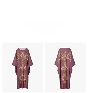 Front and back view of a mauve Kaftan dress with golden baroque patterns and long sleeves
