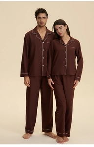 Deep brown couple's pajama set featuring long-sleeve notched lapel tops and straight pants