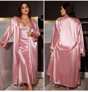 Pink satin two-piece sleepwear set with long slip dress and matching robe for women